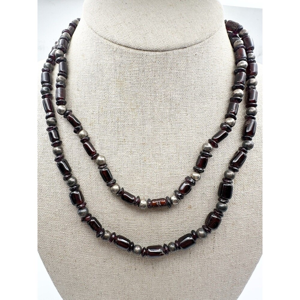 Vintage Faceted GARNET Bead Silver Beaded Necklace 36”